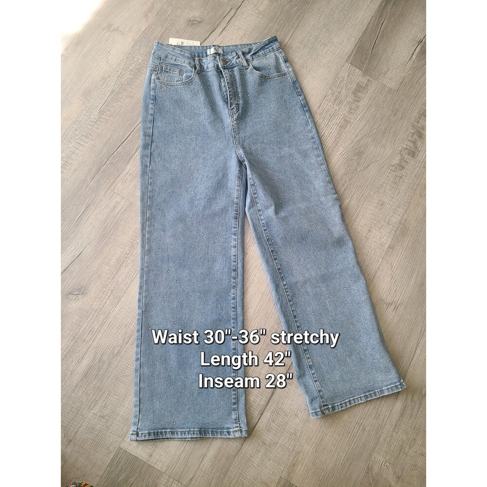 New Sparkly STRETCHY Jeans Rhinestone wide leg Pockets Size XL - Picture 2 of 6